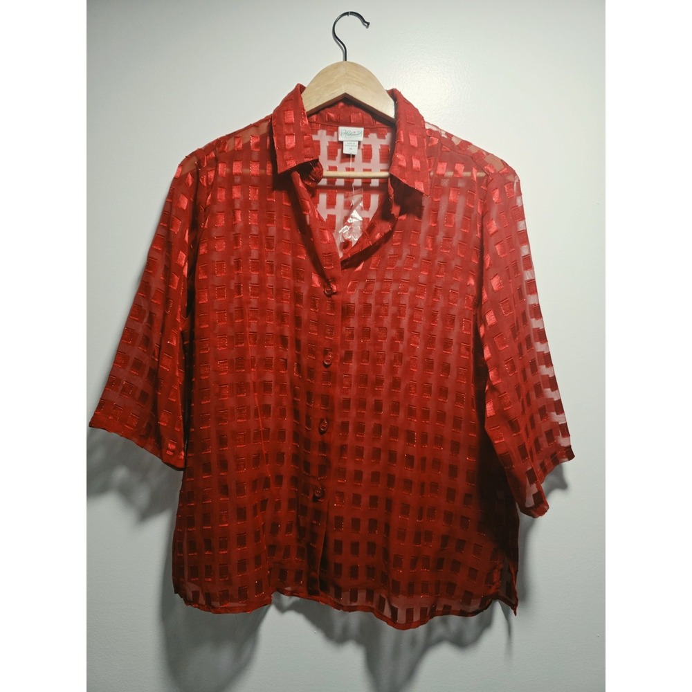Haband Women's Blouse Top Red Sheer Checkered Button Up Size M Short Sleeve